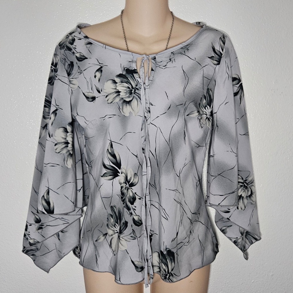 OZONE Gray Floral Butterfly Sleeve Tie Neck‎ Blouse Top